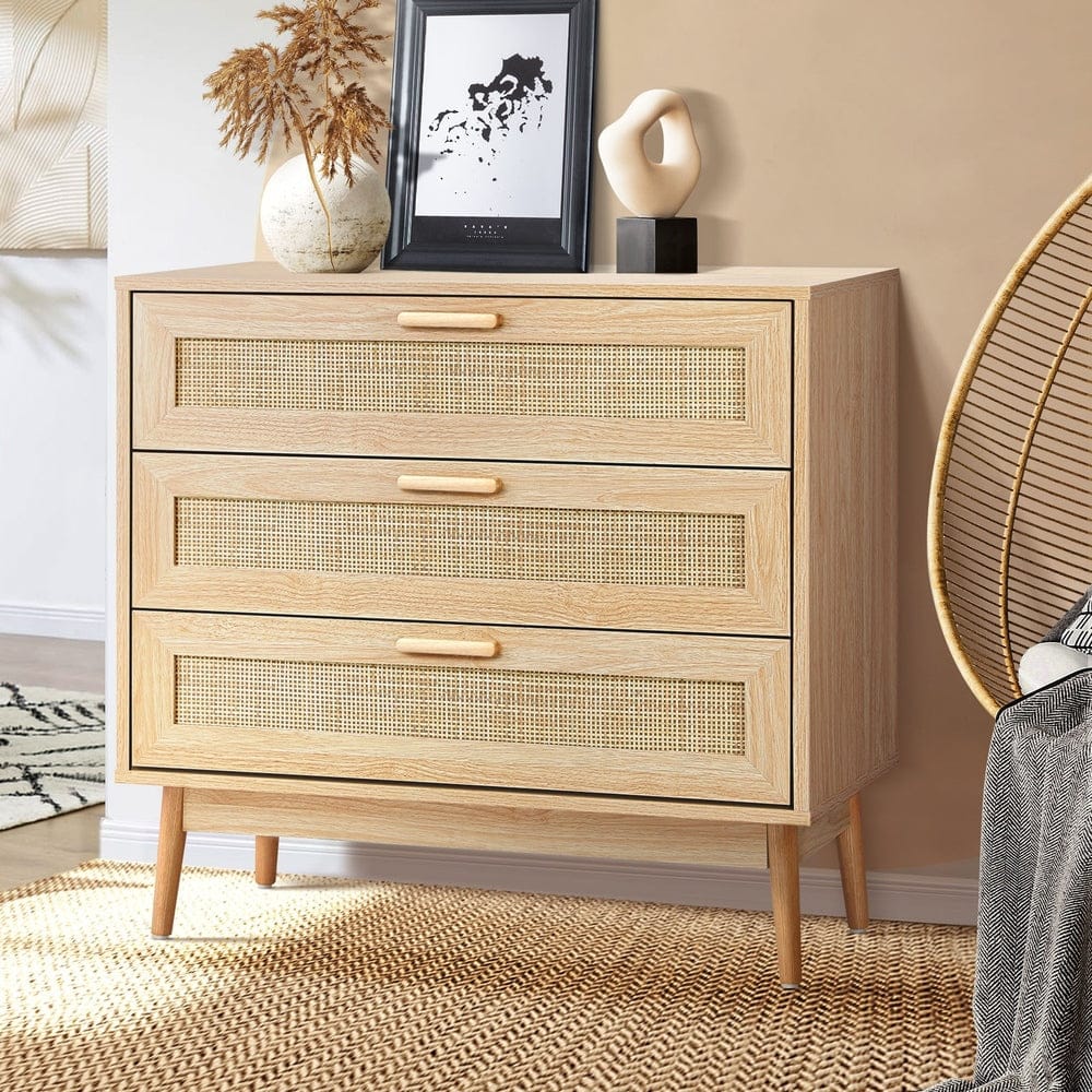 3 Chest of Drawers Tallboy Cabinet Clothes Storage Rattan Furniture with Chest of Drawers