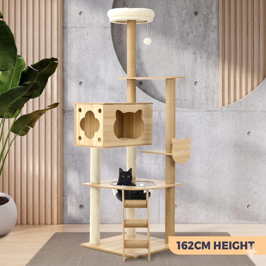 All-in-One Cat Condo: 162cm Wooden Cat Tree for Playful Cats, Cat Tree