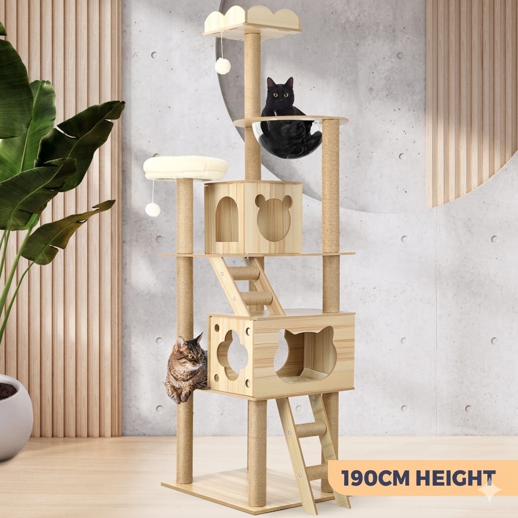 Elevate Your Cat's World: 190cm Wooden Cat Tree with Ladder, Condo, and Scratching Post, Cat Tree