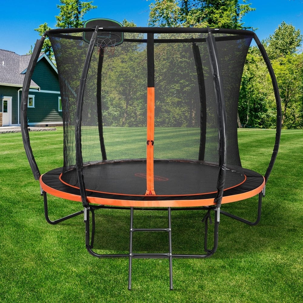 Trampoline - 10FT/12FT Kids Trampline Safety Net Basketball Set Ladder Round - photo 10