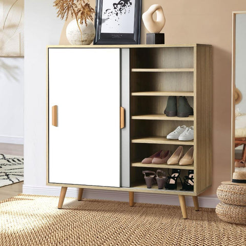 Efficient Shoe Storage Solution: White and Wood Shoe Rack Sideboard with Sliding Doors