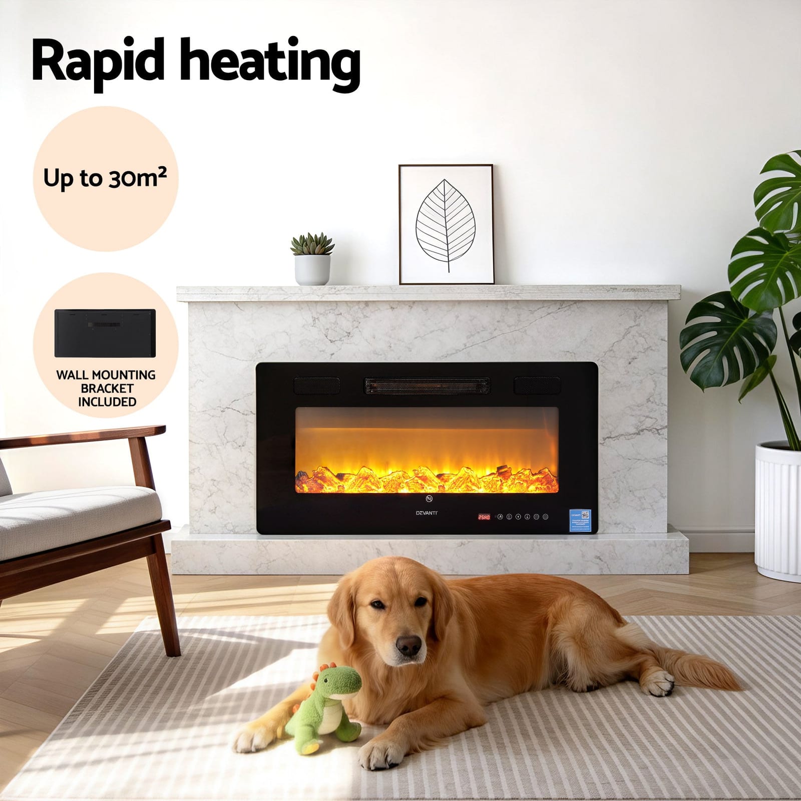 1800W - Electric Fireplace Wall Mounted 1800W Remote Control