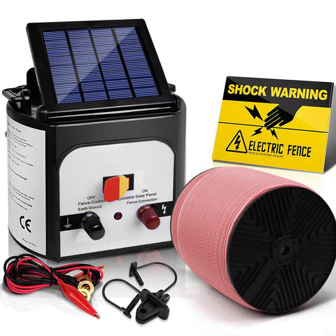 Electric Fence Energiser 8km Solar Powered Energizer Charger + 1200m Tape