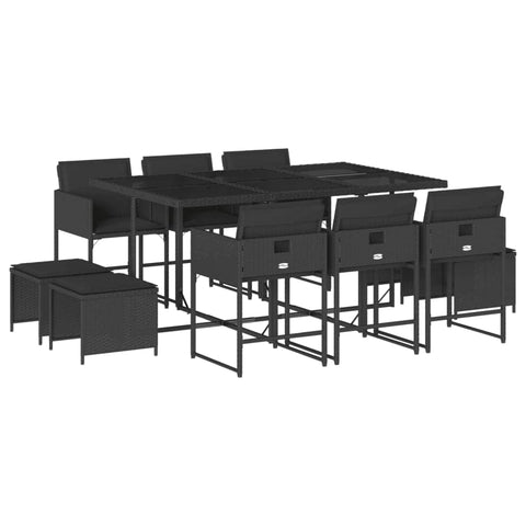 Elegance: 11-Piece Black Poly Rattan Dining Set with Plush Cushions