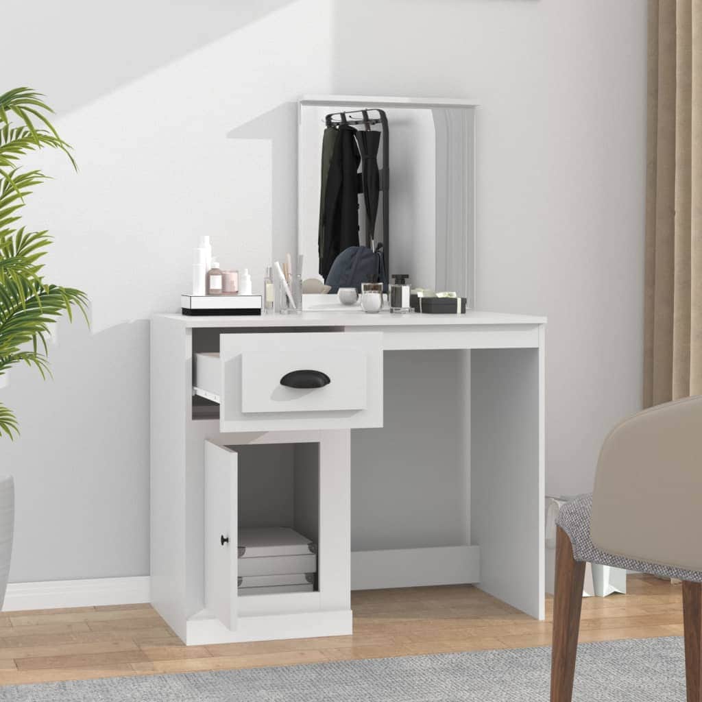 Elegance in White: Engineered Wood Dressing Table with Mirror