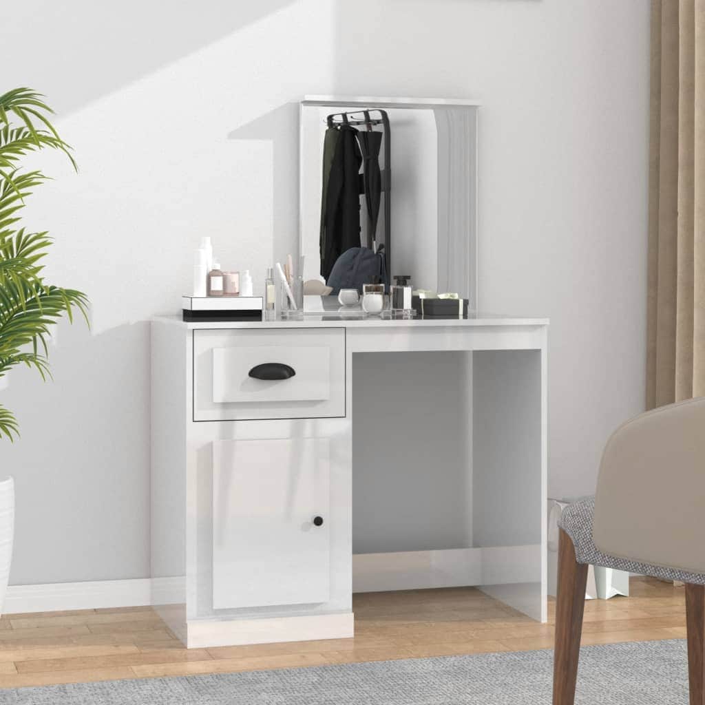 Elegance in White: Engineered Wood Dressing Table with Mirror