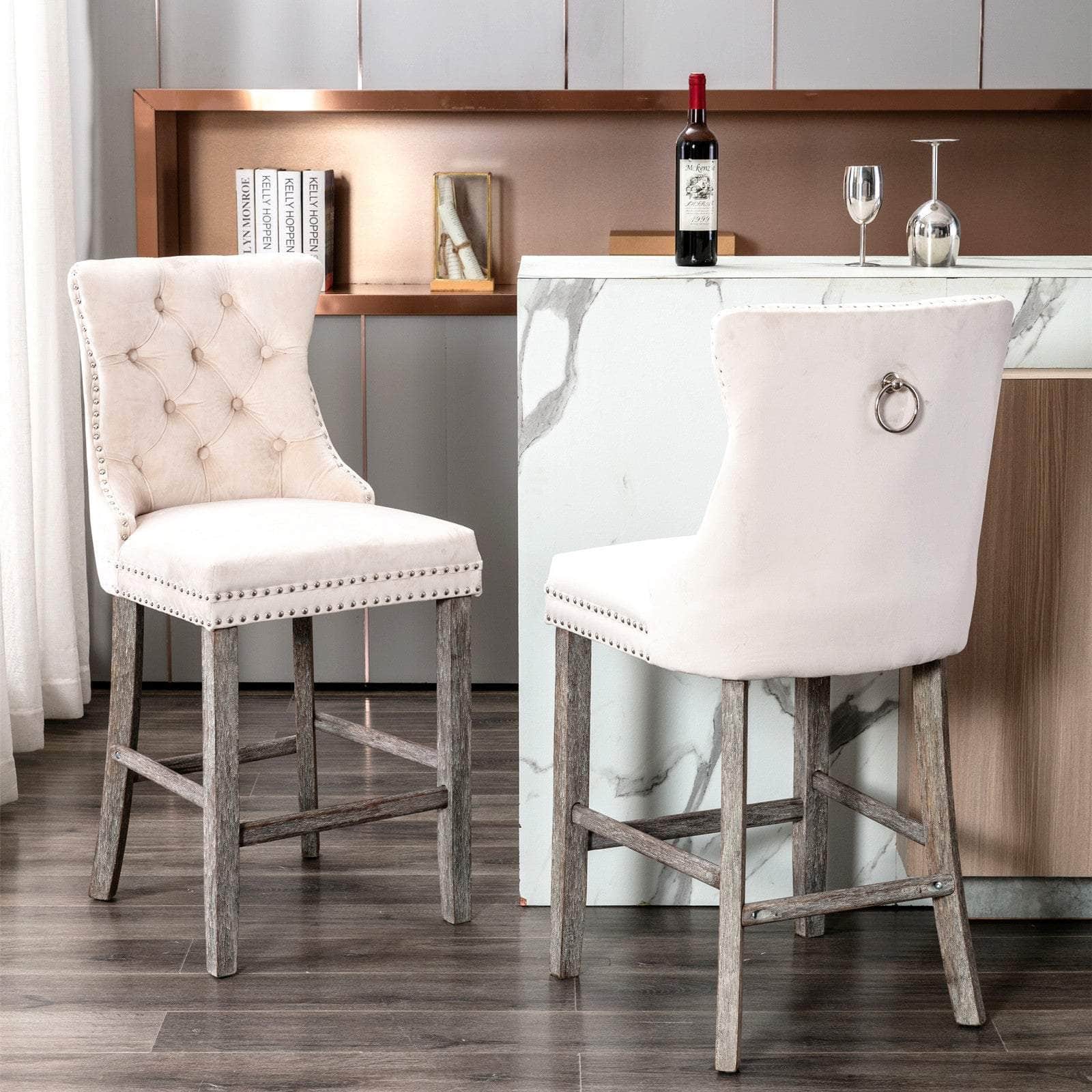 Elegance Redefined: 4X Velvet Bar Stools with Studs Trim