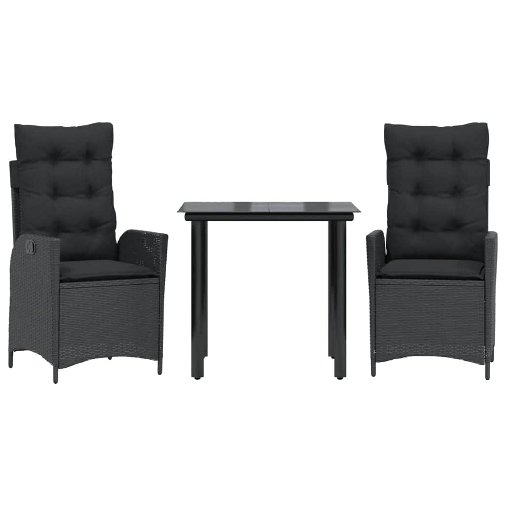 Elegant  3 Piece Garden Dining Set with Cushions Black Poly Rattan