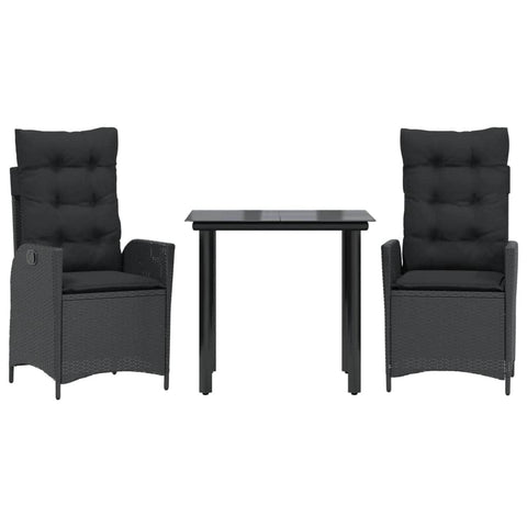 Elegant  3 Piece Garden Dining Set with Cushions Black Poly Rattan