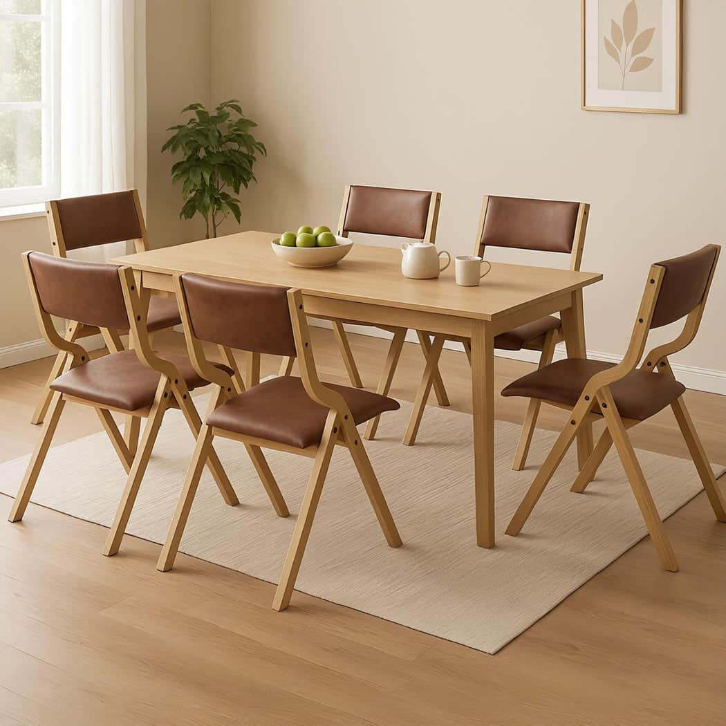 Elegant 6x Dining Chairs Foldable PU Tan  Wood Finish Classic