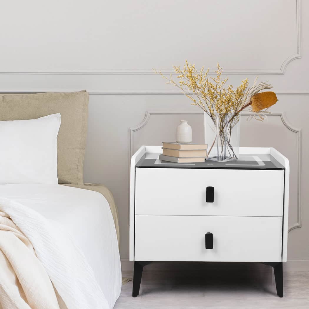 Elegant Bedside Table LED Lights Drawers Storage  Foldable Function