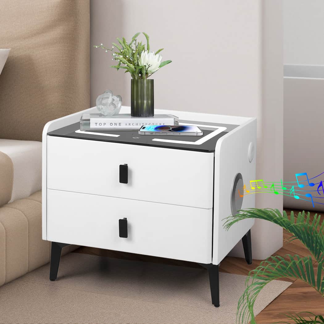 Elegant Bedside Table LED Lights Drawers Storage  Foldable Function