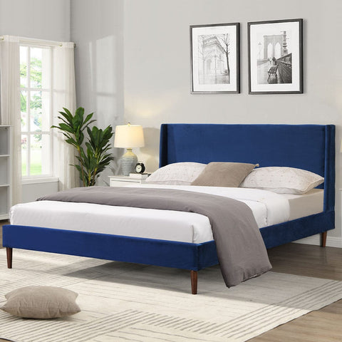 Elegant Blue/Grey Velvet Double Bed Frame with Wooden Headboard