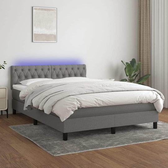 Elegant Box Spring Bed with Mattress & LED Lights, Dark Grey Fabric | Grey colour