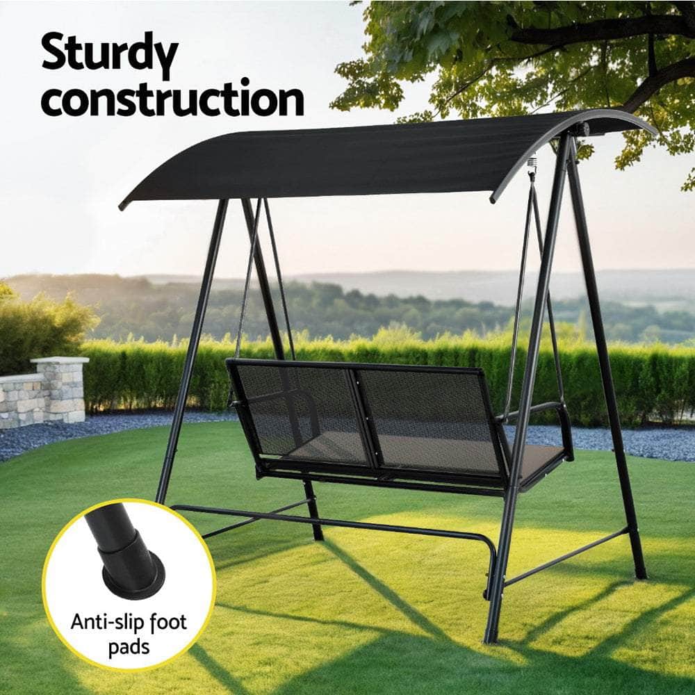Elegant Canopy Swing Chair: 2-Seater Patio Bliss in Black, Outdoor Chairs