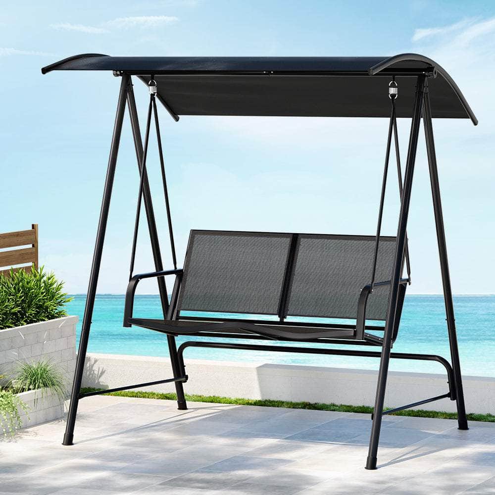 Elegant Canopy Swing Chair: 2-Seater Patio Bliss in Black