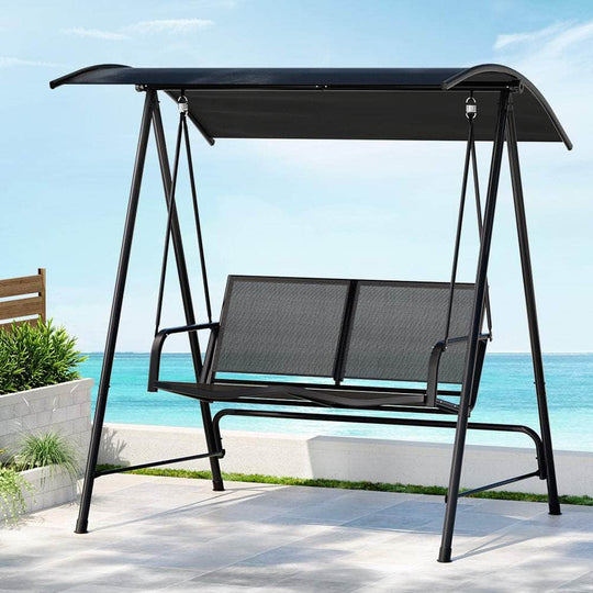 Elegant Canopy Swing Chair: 2-Seater Patio Bliss in Black, Black colour