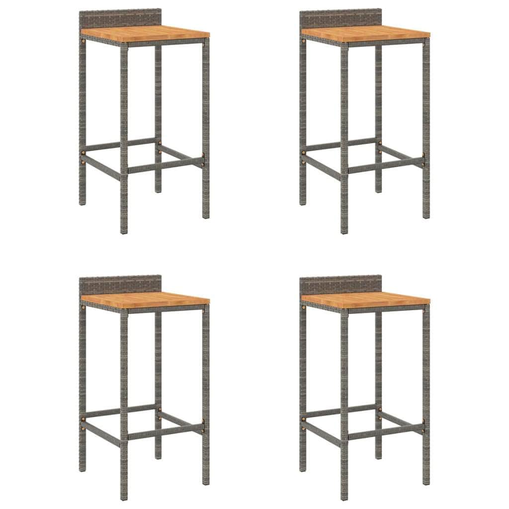 Elegant Duo: Poly Rattan & Acacia Wood Bar Stools (Set of 4)Black/Grey, Table & Bar Stools