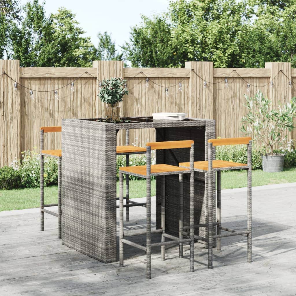 Elegant Duo: Poly Rattan and Solid Wood Acacia Bar Stools (Set of 4)Black\Grey