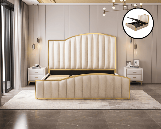 King Size Gas Lift Bed Frame With Velvet Fabric Storage Beige Elegant Luxury Design