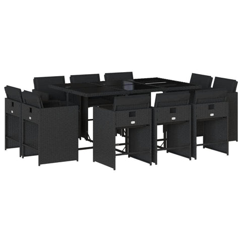 Elegant Outdoor Feasts: 11-Piece Black Poly Rattan Dining Set with Plush Cushions