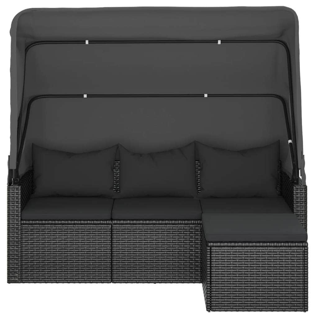 Elegant Poly Rattan Garden Sofa: 3-Seater with Roof and Footstool-Black \Grey