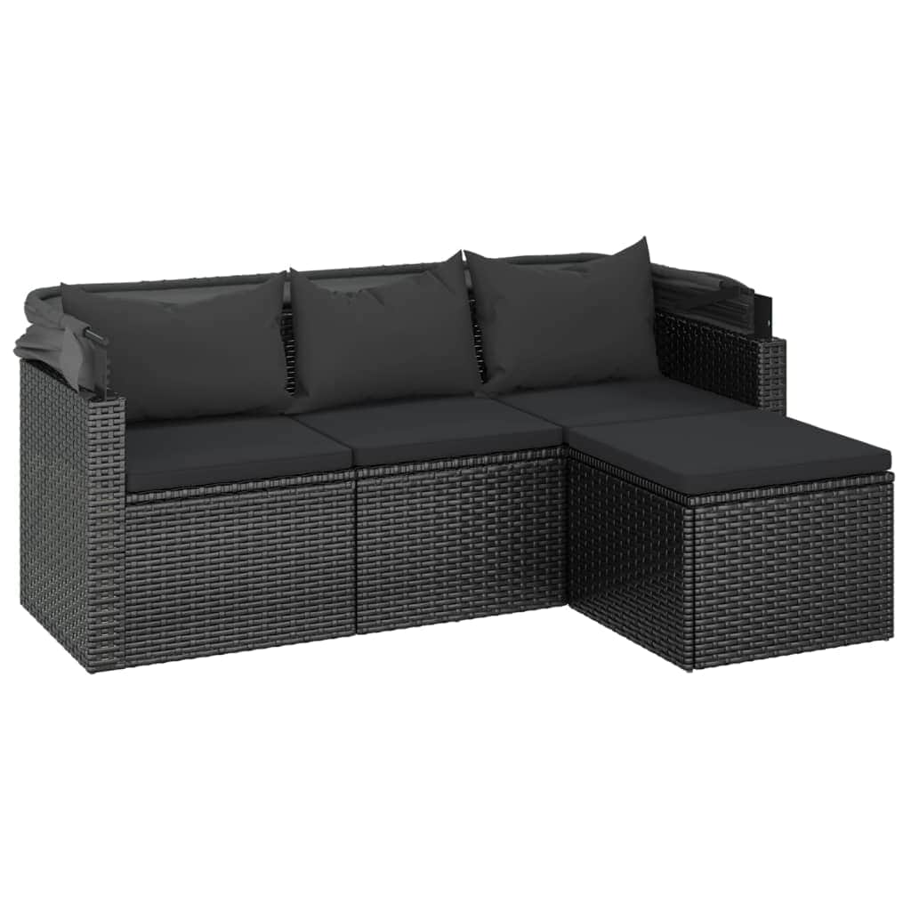 Elegant Poly Rattan Garden Sofa: 3-Seater with Roof and Footstool-Black \Grey
