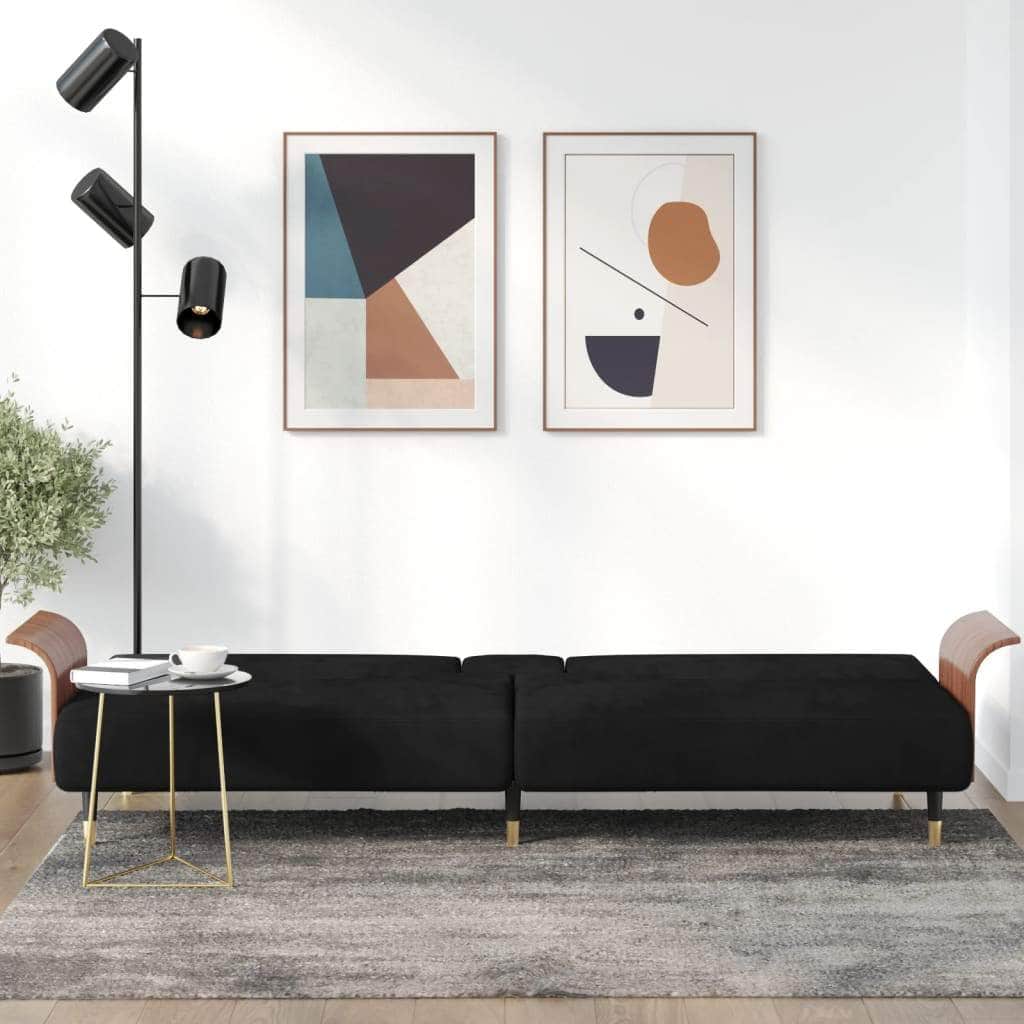 Elegant Twilight Escape: Dark Grey Velvet Sofa Bed with Convenient Cup Holders