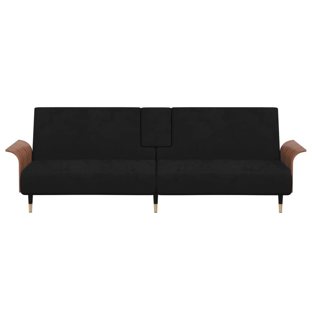 Elegant Twilight Escape: Dark Grey Velvet Sofa Bed with Convenient Cup Holders