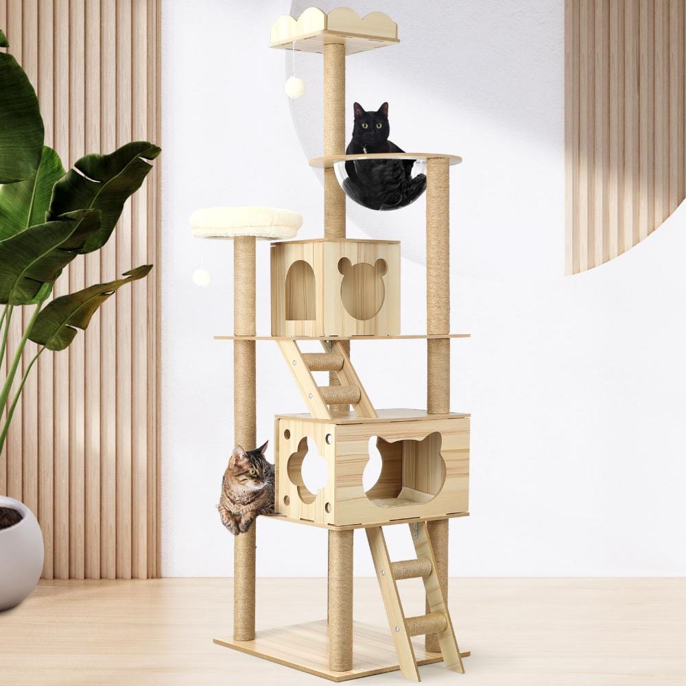 Elevate Your Cat's World: 190cm Wooden Cat Tree with Ladder, Condo, and Scratching Post