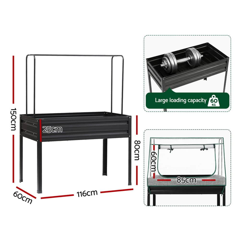 Elevated Metal Garden Bed Kit w Mini Greenhouse Cover 116x60cm Stand-Up Height Trellis