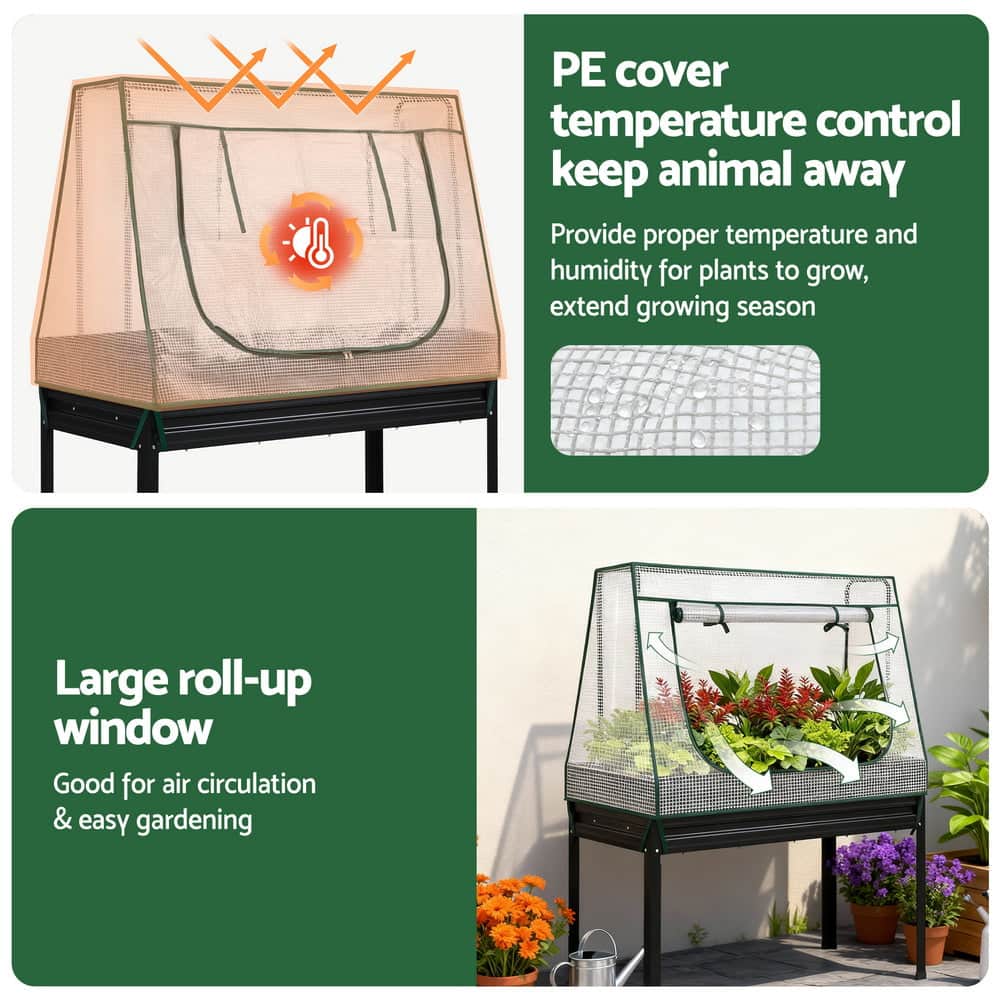 Elevated Metal Garden Bed Kit w Mini Greenhouse Cover 116x60cm Stand-Up Height Trellis
