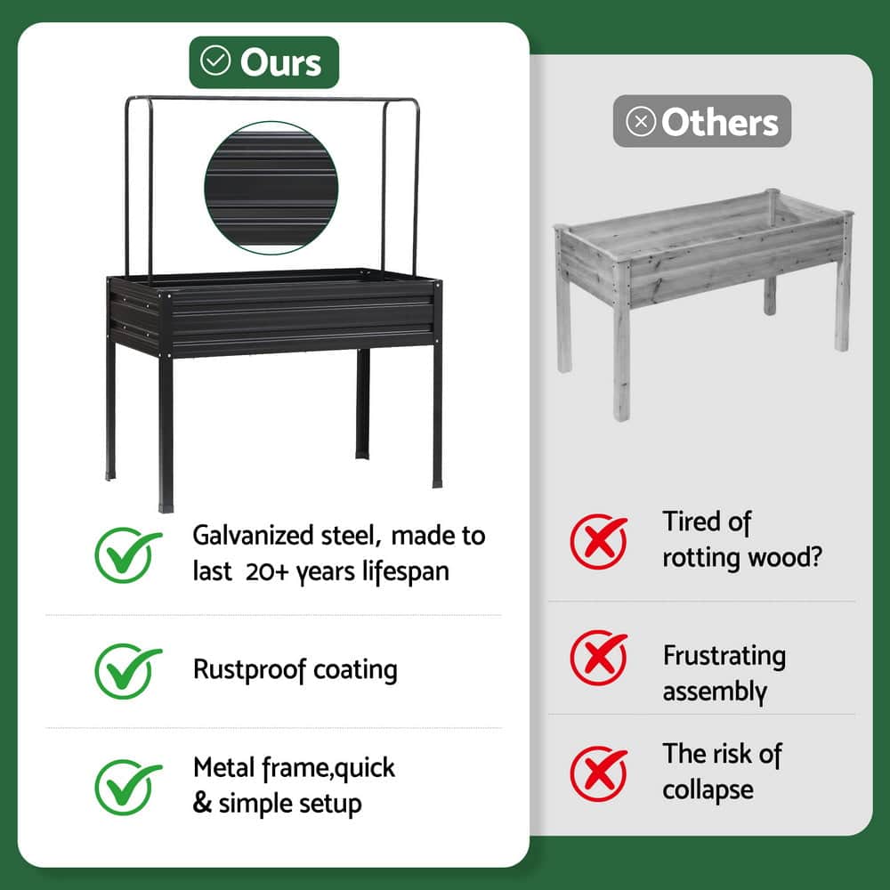 Elevated Metal Garden Bed Kit w Mini Greenhouse Cover 116x60cm Stand-Up Height Trellis