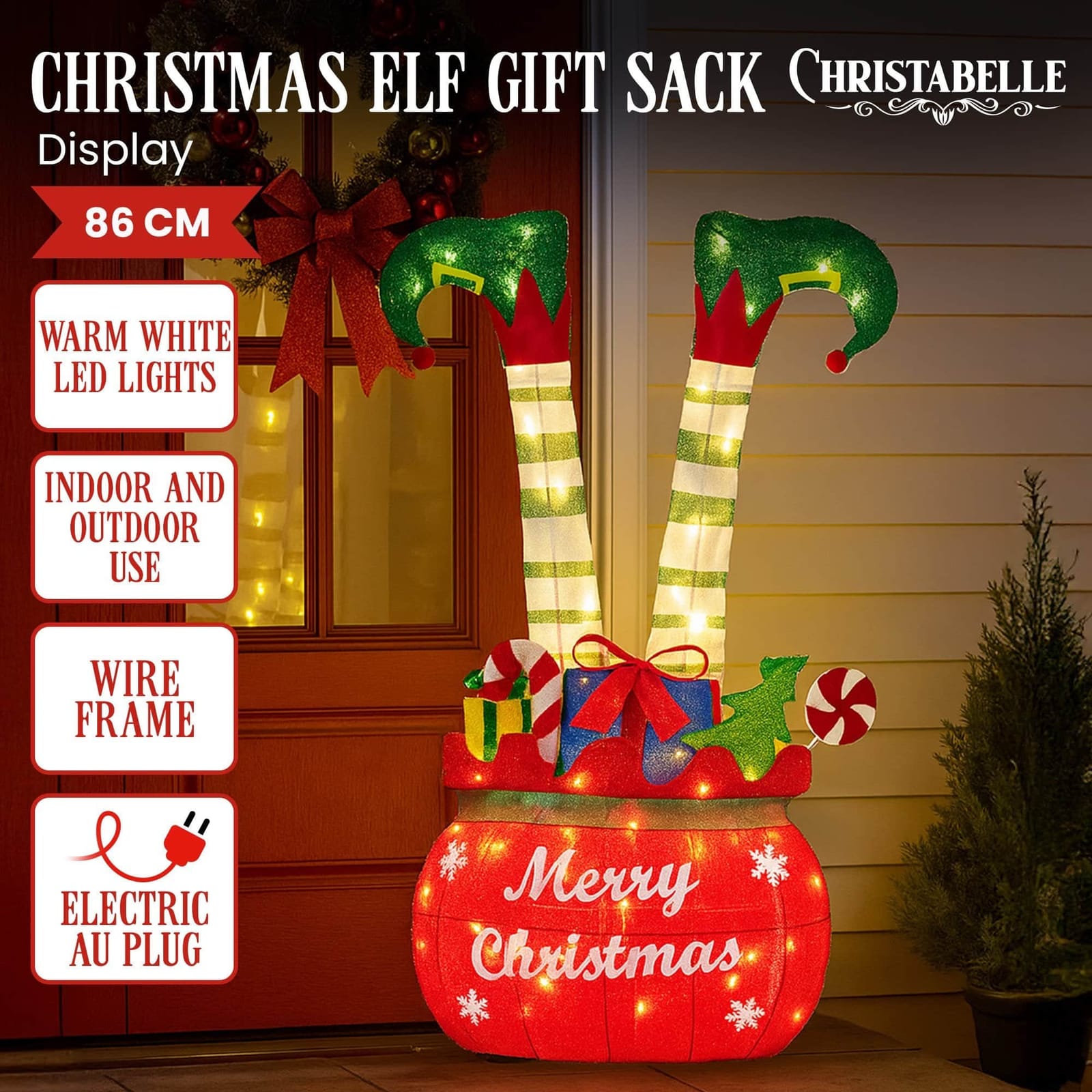 Elf in Gift Sack Christmas Display Warm White LED Lights 86cm Decoration Yard Lawn - White colour