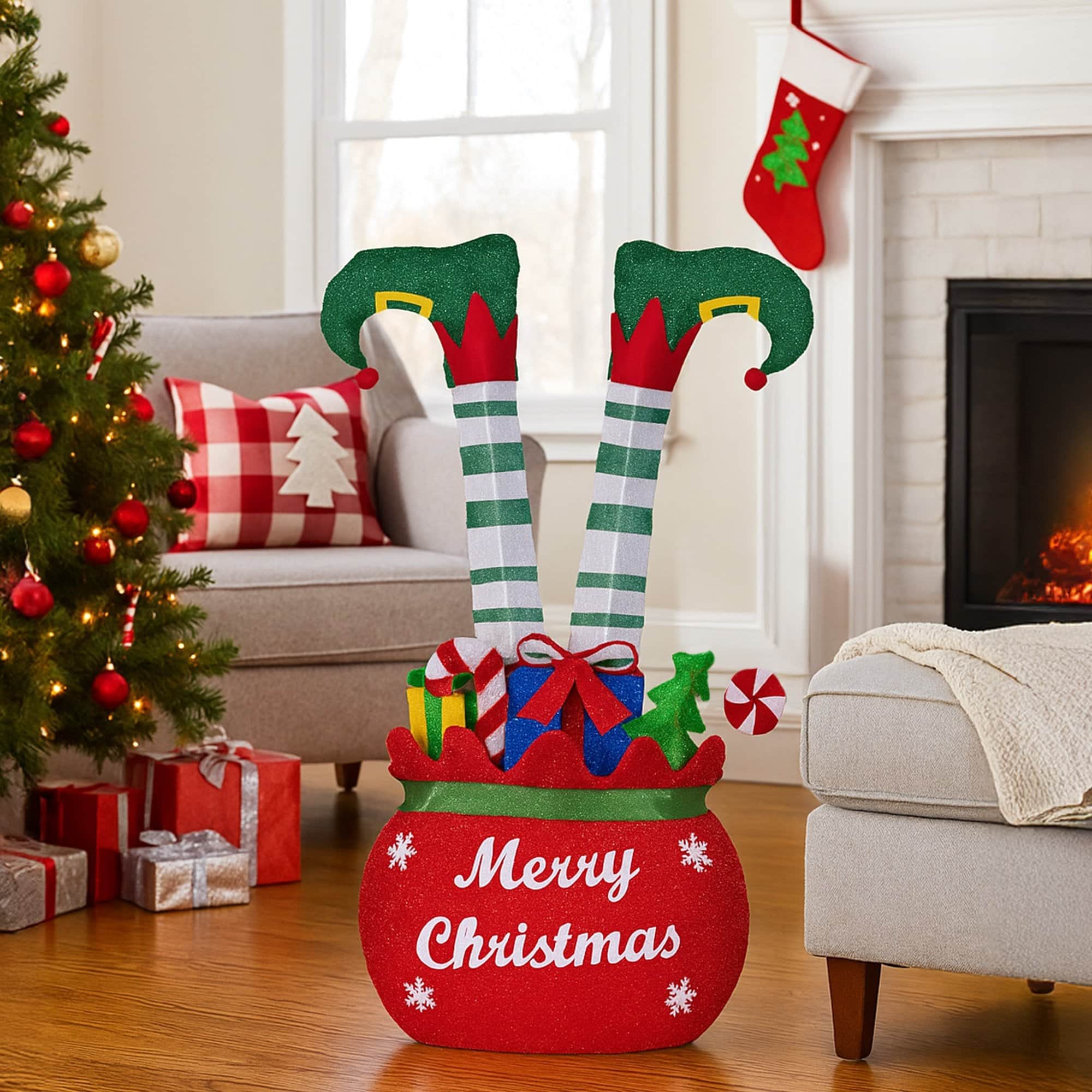 Elf in Gift Sack Christmas Display Warm White LED Lights 86cm Decoration Yard Lawn with White colour