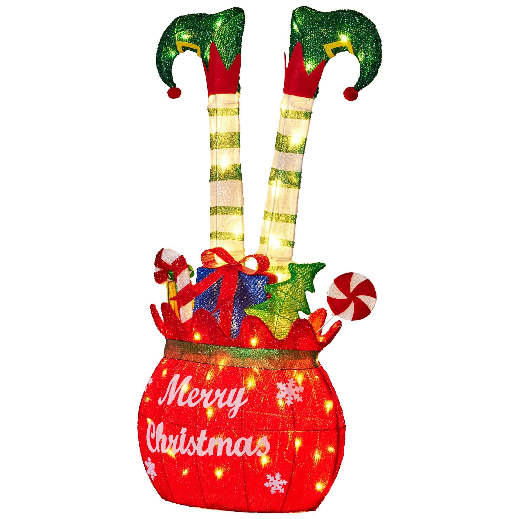 Elf in Gift Sack Christmas Display Warm White LED Lights 86cm Decoration Yard Lawn