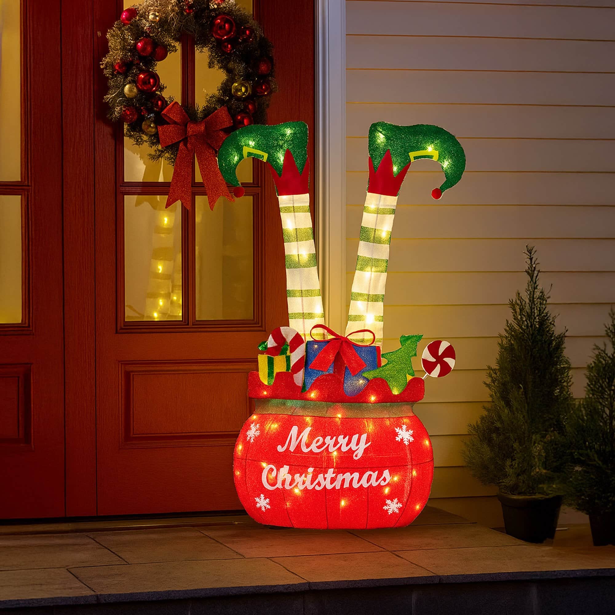 Elf in Gift Sack Christmas Display Warm White LED Lights 86cm Decoration Yard Lawn