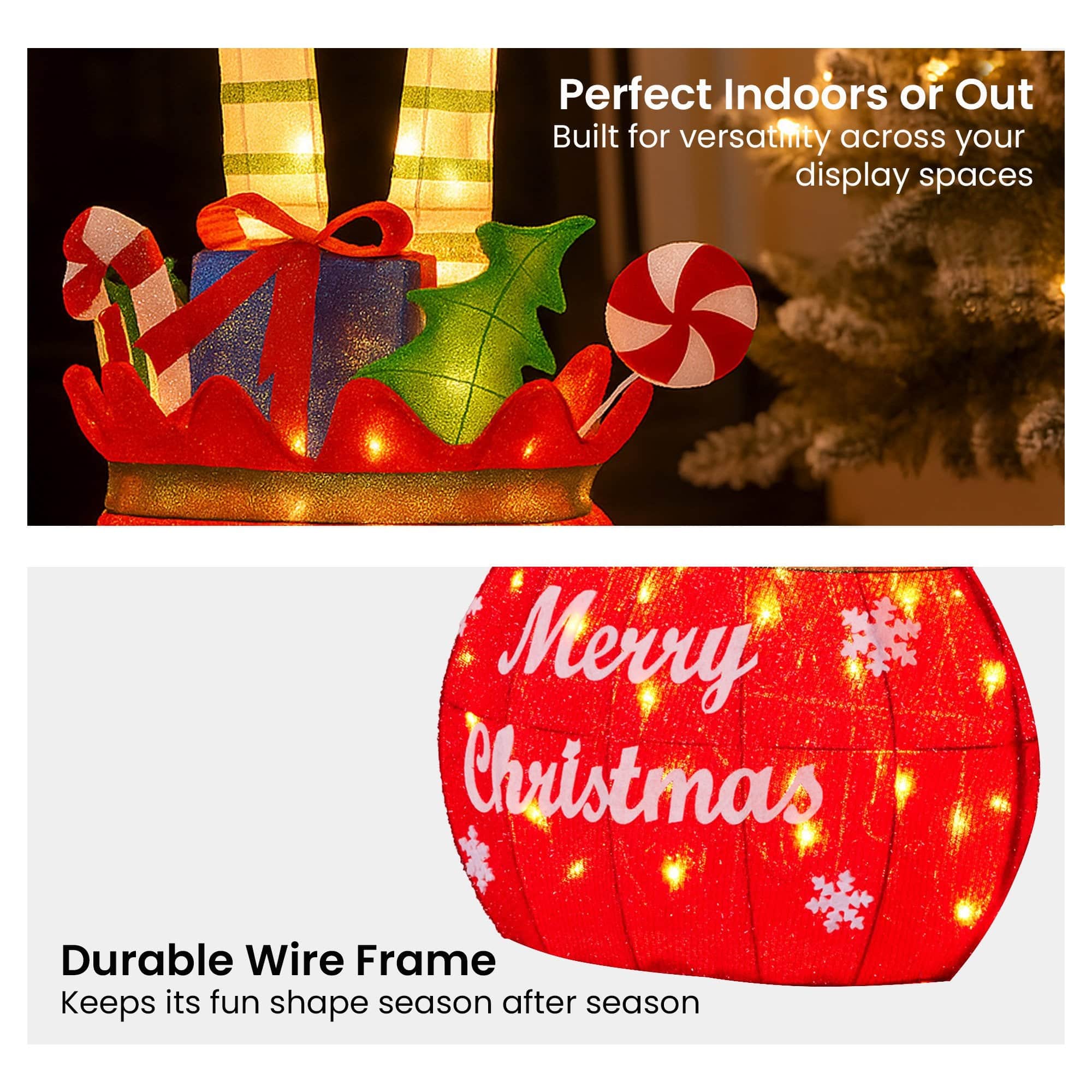 Elf in Gift Sack Christmas Display Warm White LED Lights 86cm Decoration Yard Lawn, White colour