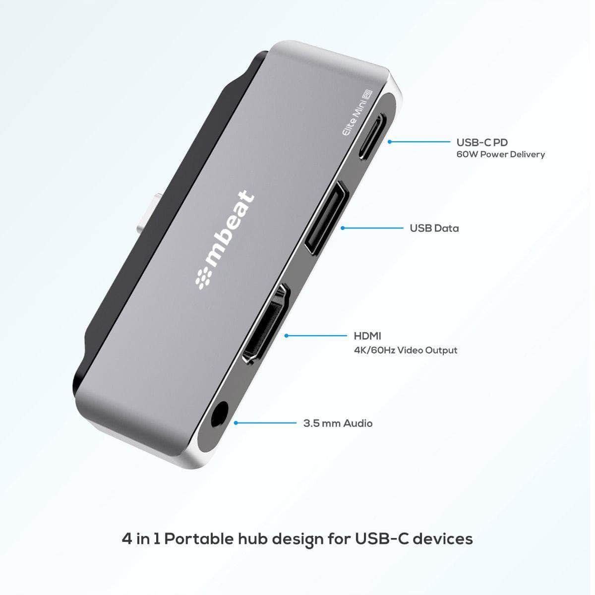 Elite Mini 4-In-1 Usb-C Mobile Hub For Ipad Pro, Usb-C Tablet And Laptop