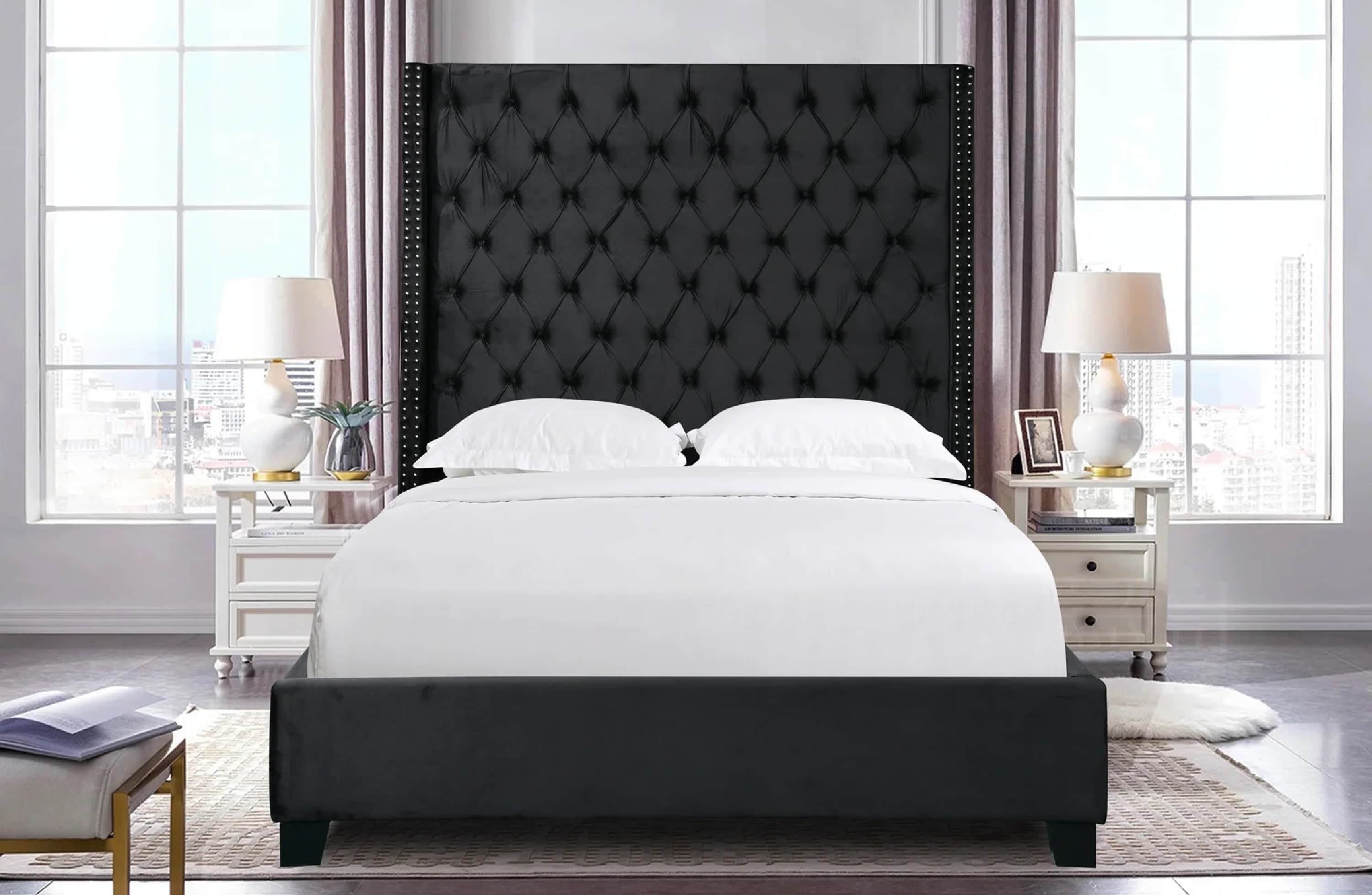 Ella Black Velvet Winged Bed 180Cm - King King Size