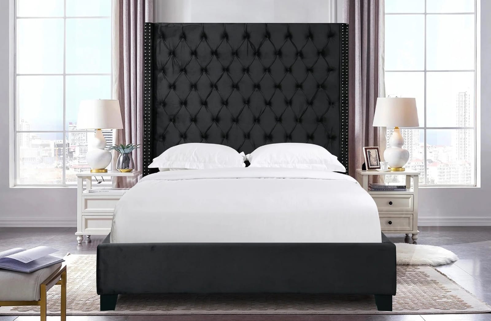 Ella Black Velvet Winged Bed 180Cm - King King Size | Black colour