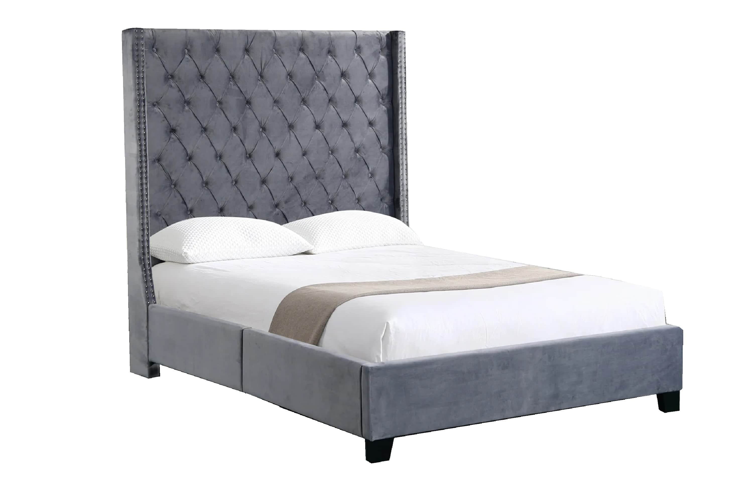 Ella Grey Velvet Winged Bed 180Cm - King King Size