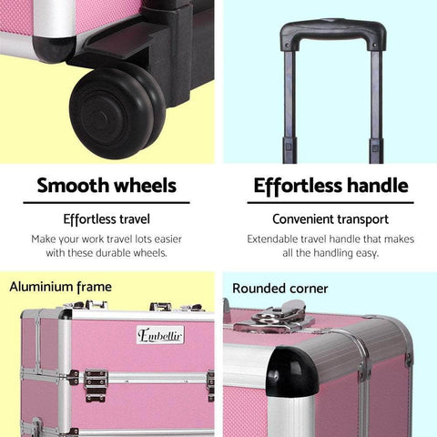 Makeup Case Beauty Trolley Cosmetic Organiser Box Travel Wheels Pink