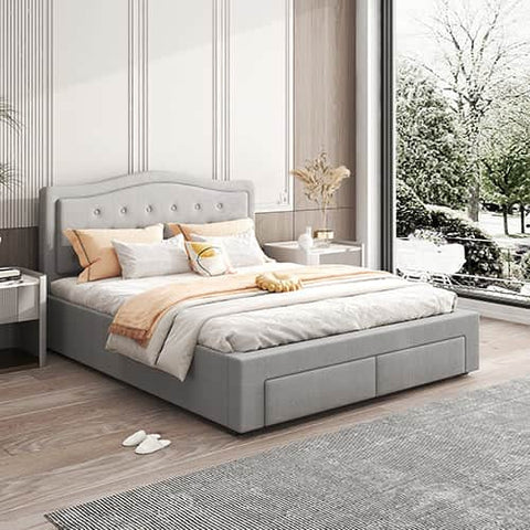 Emily Bed Frame Queen Size Velvet Fabric Grey Four Mdf Drawers With