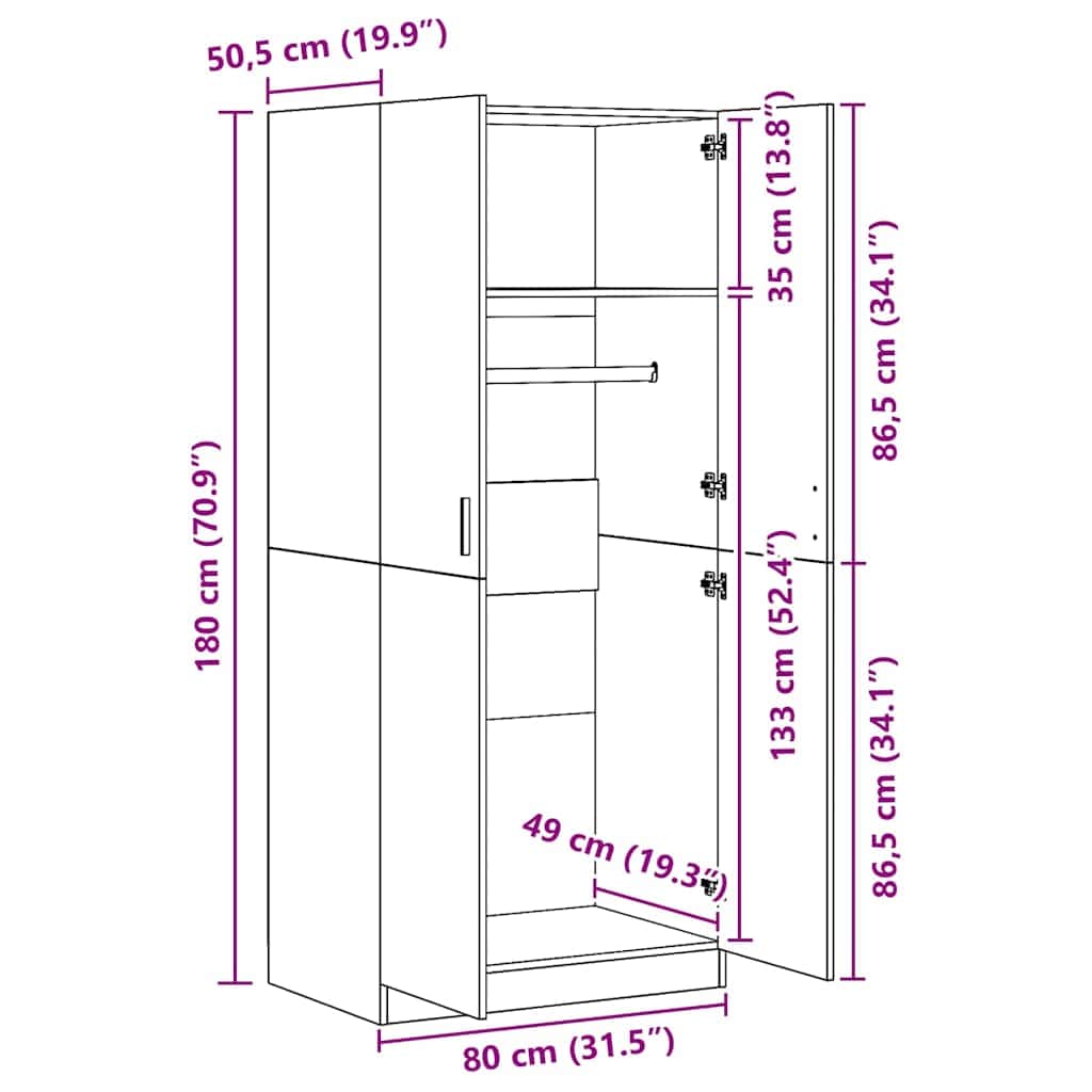 Engineered Wood Wardrobe Cabinet Freestanding Clothes Storage with Hanging Rail