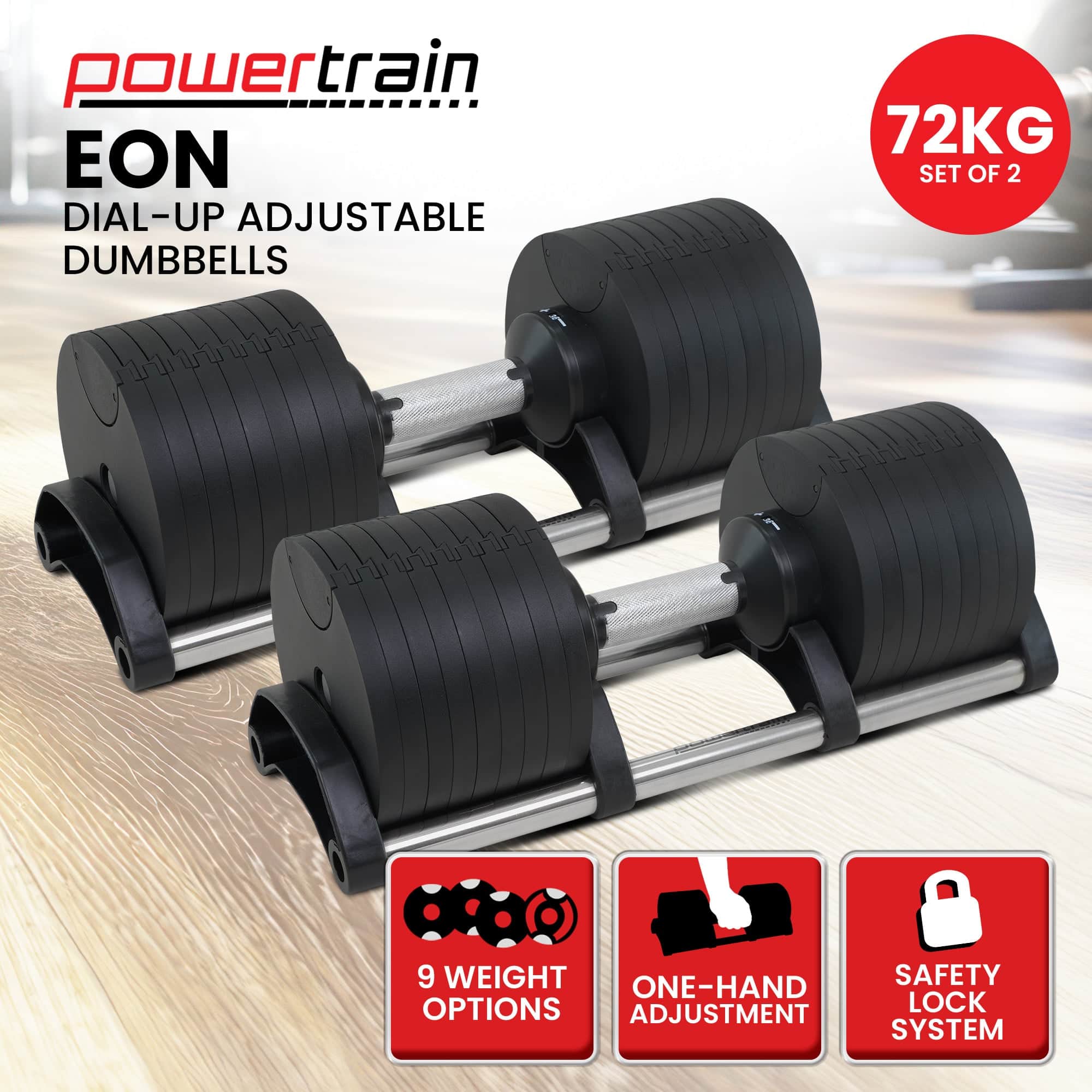 Eon 2x 36kg Adjustable Dial Dumbbells Home Gym Weight Set