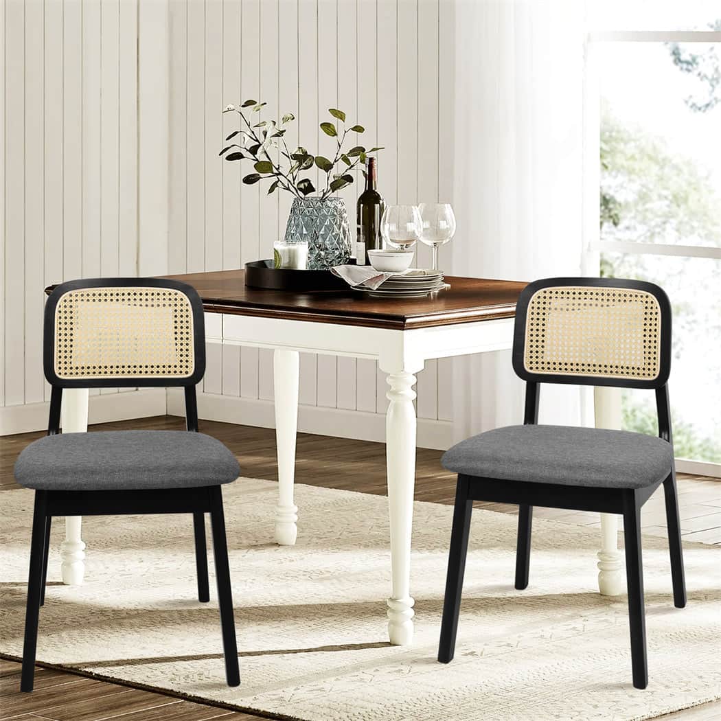 Ergonomic 2x Dining Chair Wood Rattan Armless Black  Space-Saving