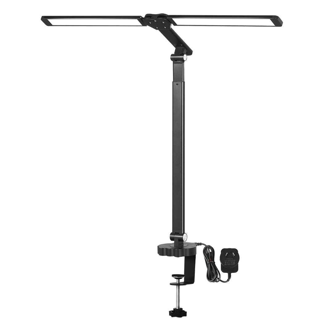 Ergonomic Double Head LED Desk Lamp Dimmable With Clamp  Wood Finish