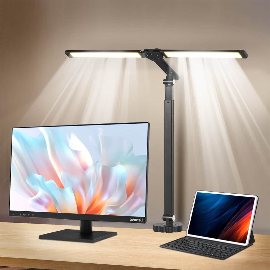 Ergonomic Double Head LED Desk Lamp Dimmable With Clamp  Wood Finish