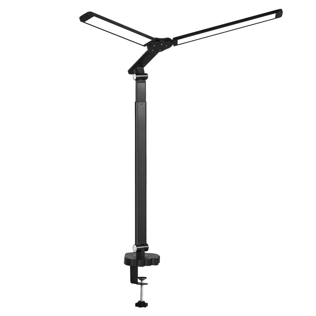 Ergonomic Double Head LED Desk Lamp Dimmable With Clamp  Wood Finish